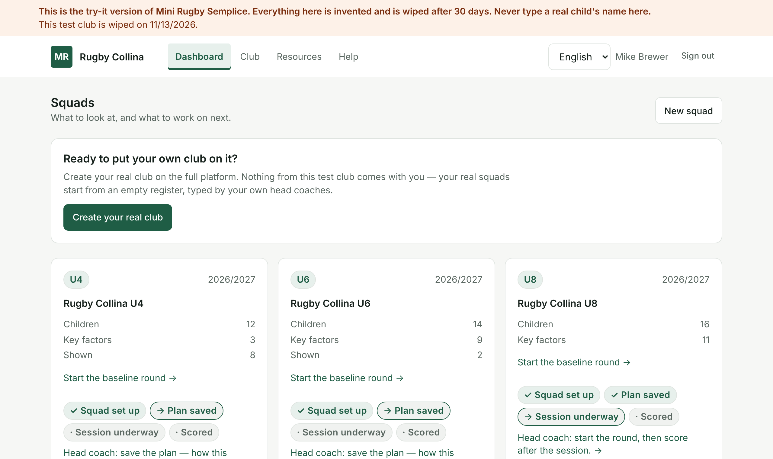 The dashboard of a test club: one card per squad, each with the four-step checklist — squad set up, plan saved, session underway, scored.